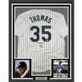 Framed Autographed/Signed Frank Thomas HOF 2014 35x39 Chicago Pinstripe Baseball Jersey JSA COA