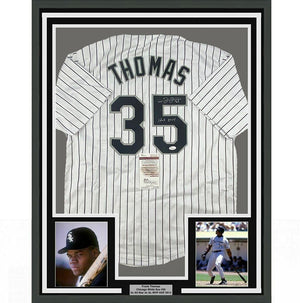 Framed Autographed/Signed Frank Thomas HOF 2014 35x39 Chicago Pinstripe Baseball Jersey JSA COA