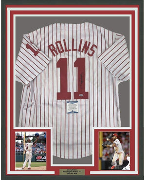 Framed Autographed/Signed Jimmy Rollins 35x39 Philadelphia Pinstripe Baseball Jersey Beckett BAS COA