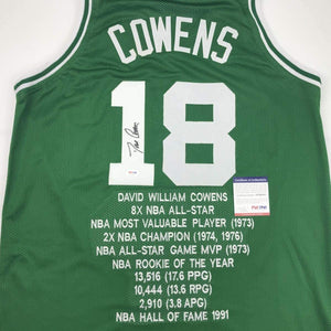 Autographed/Signed Dave Cowens Boston Green Stat Basketball Jersey PSA/DNA COA