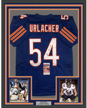 Framed Autographed/Signed Brian Urlacher 35x39 Chicago Bears Blue Football Jersey JSA COA