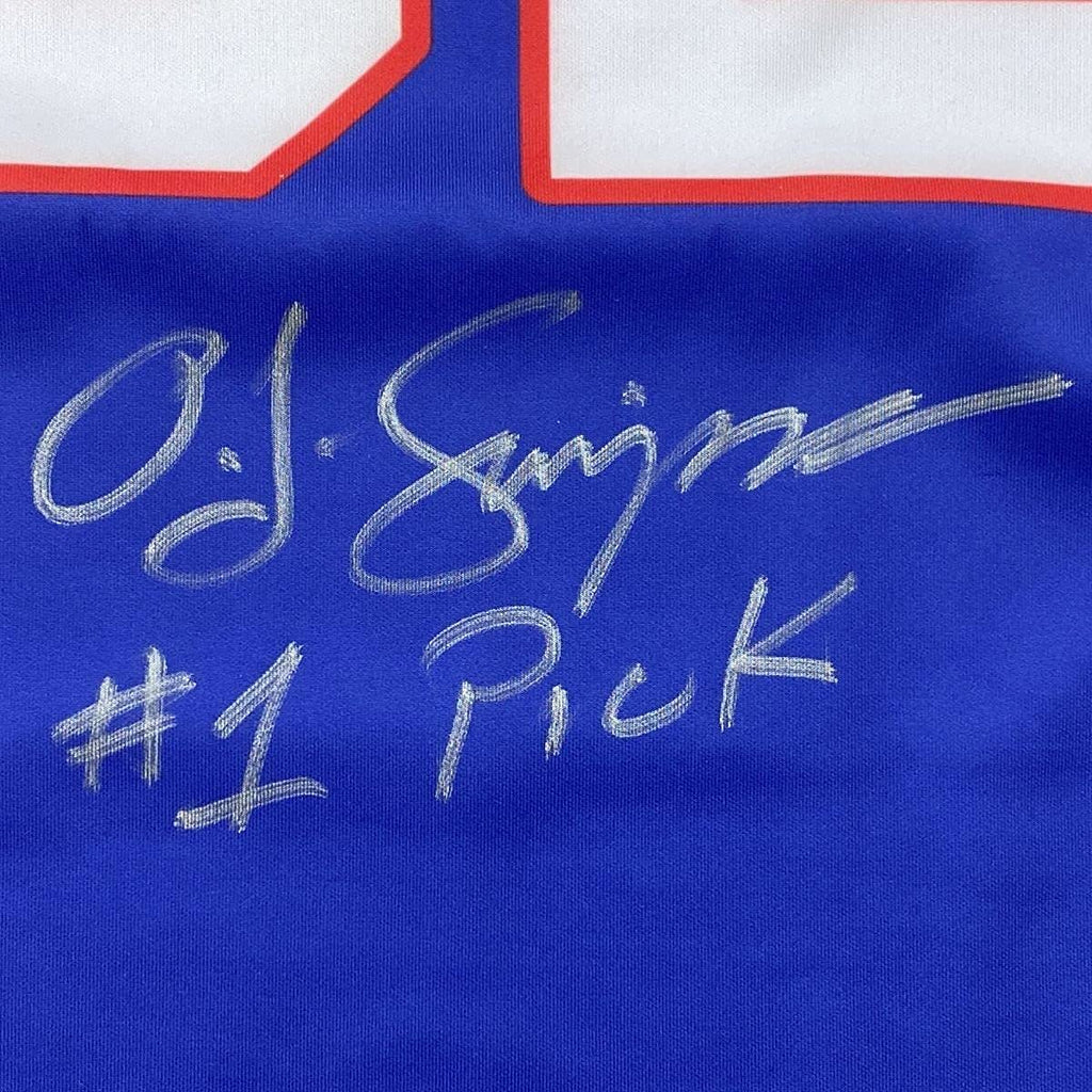 Framed Autographed/Signed OJ O.J. Simpson 35x39#1 Pick Buffalo Blue Football Jersey JSA COA