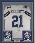 Framed Autographed/Signed Ezekiel Elliott 35x39 Dallas White Football Jersey Beckett BAS COA
