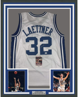 Framed Autographed/Signed Christian Laettner 35x39 Duke Blue Devils White College Basketball Jersey JSA COA