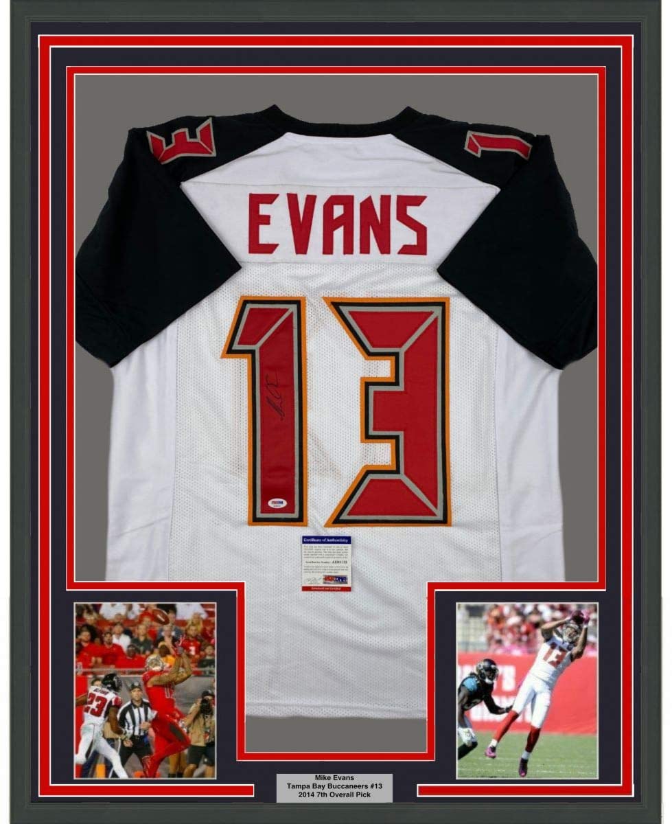 Framed Autographed/Signed Mike Evans 35x39 Tampa Bay White Football Jersey PSA/DNA COA