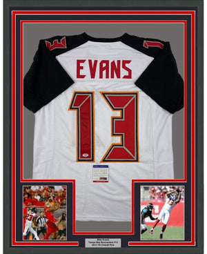 Framed Autographed/Signed Mike Evans 35x39 Tampa Bay White Football Jersey PSA/DNA COA