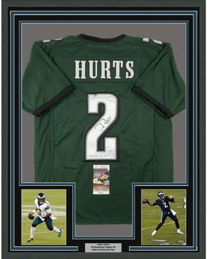 Framed Autographed/Signed Jalen Hurts 35x39 Philadelphia Green Football Jersey JSA COA