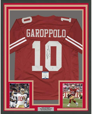 Framed Autographed/Signed Jimmy Garoppolo 35x39 San Francisco Red Football Jersey Beckett BAS COA