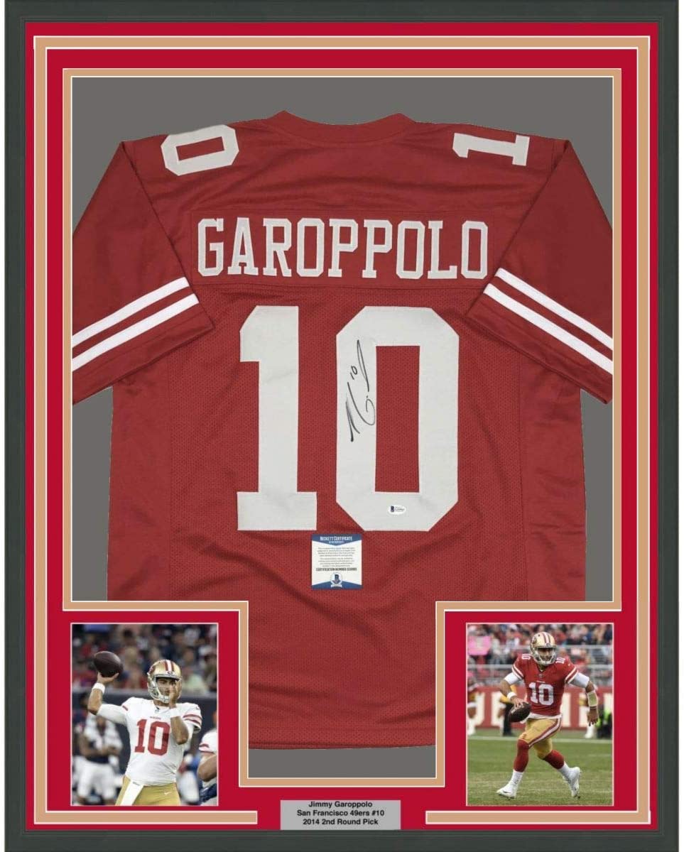Framed Autographed/Signed Jimmy Garoppolo 35x39 San Francisco Red Football Jersey Beckett BAS COA