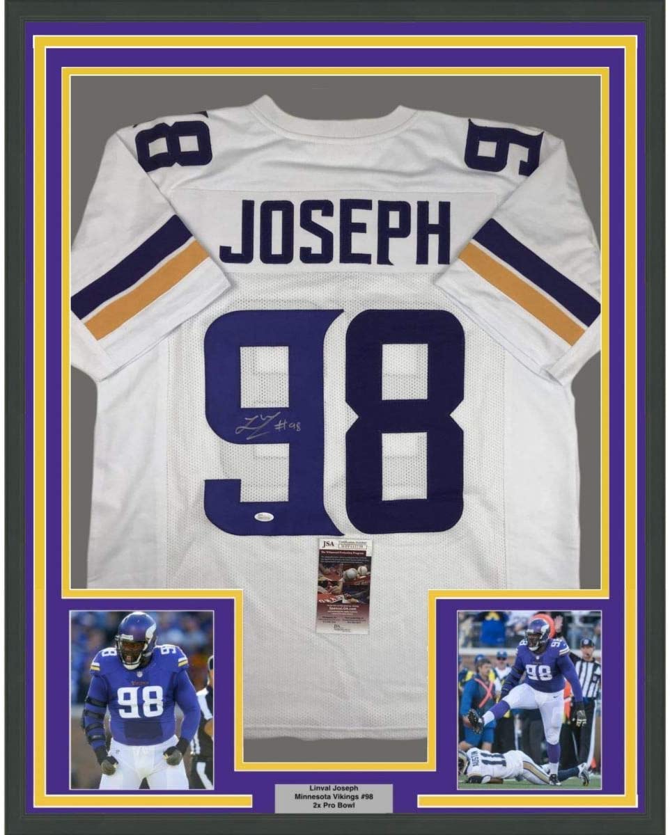 Framed Autographed/Signed Linval Joseph 35x39 Minnesota White Football Jersey JSA COA