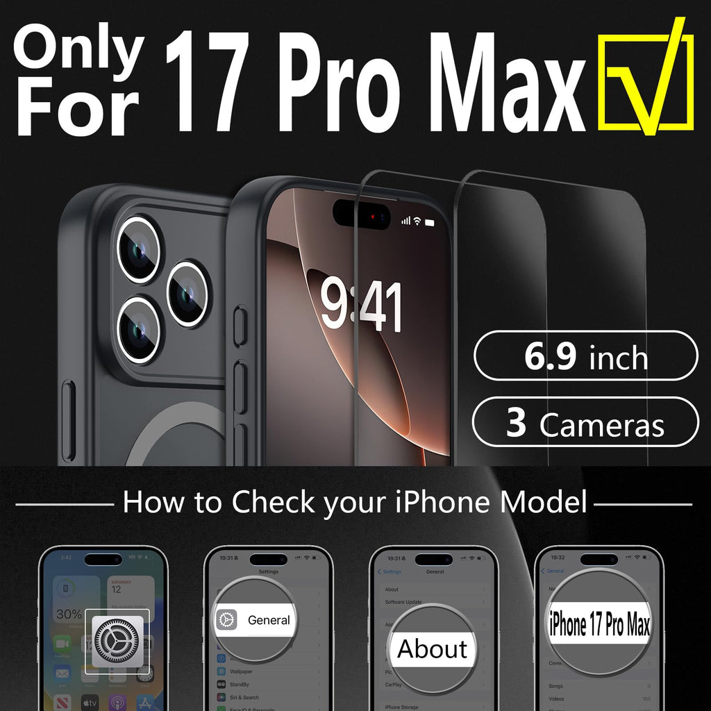YFEMLAZ Magnetic for iPhone 17 Pro Max Case,with Screen Protectors X2,Full Camera Protection,Compatible with MagSafe,Translucent Matte,Anti-Fingerprint?Shockproof Protective Phone Case,6.9",Black