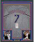 Framed Autographed/Signed Ivan Pudge Rodriguez 35x39 Texas Grey Baseball Jersey JSA COA