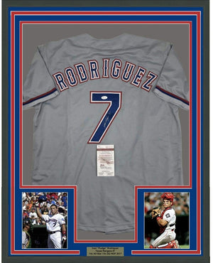 Framed Autographed/Signed Ivan Pudge Rodriguez 35x39 Texas Grey Baseball Jersey JSA COA