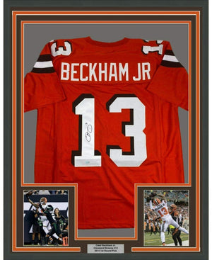 Framed Autographed/Signed Odell Beckham Jr. 35x39 Cleveland Orange Football Jersey Steiner Sports COA Hologram Only