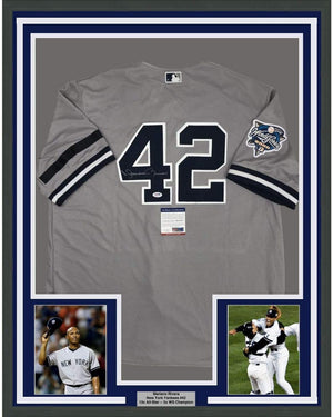 Framed Autographed/Signed Mariano Rivera 35x39 New York Grey Baseball Jersey PSA/DNA COA