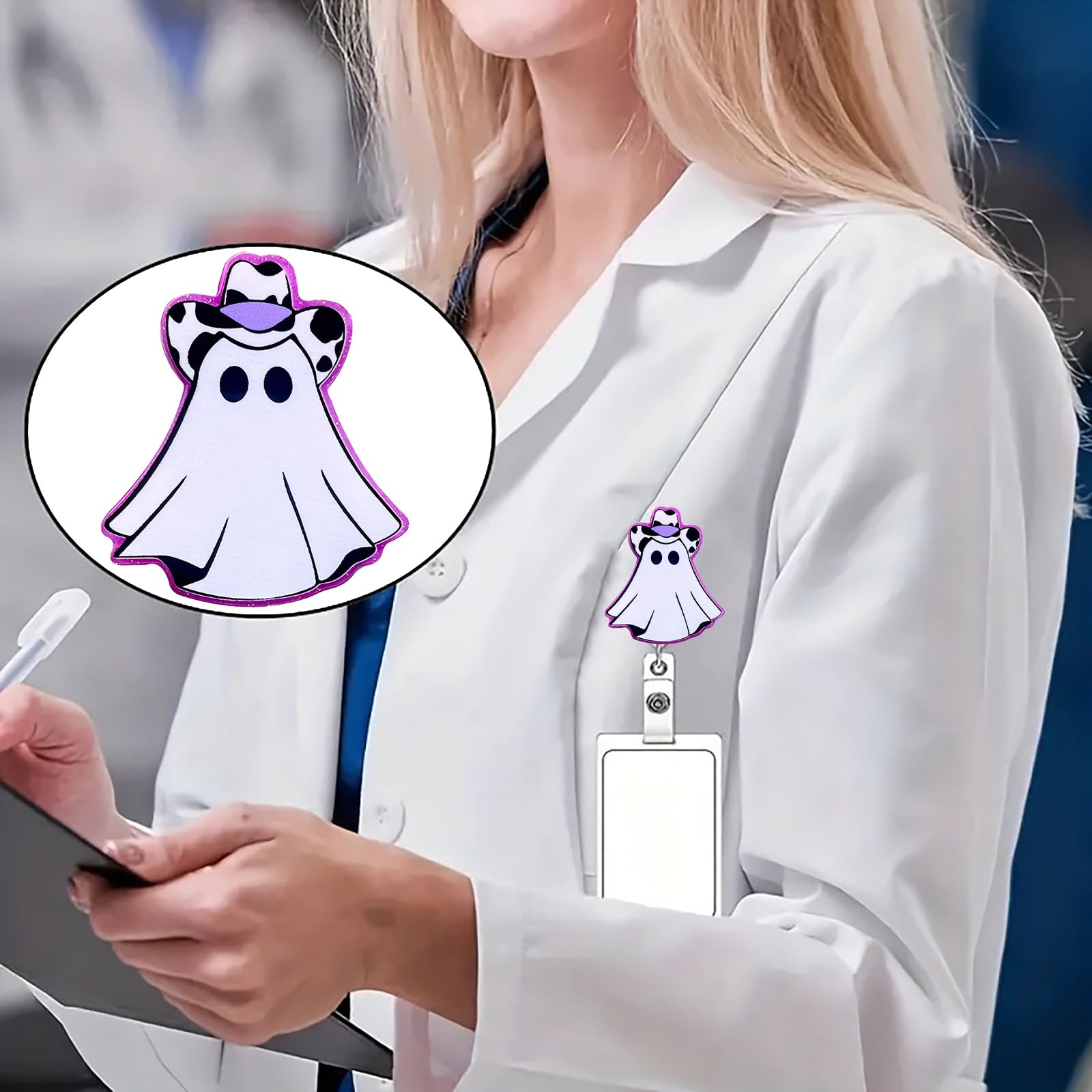 CHAONENG Funny Purple Ghost Nurse Badge Reel Retractable Clip Acrylic ID Holder