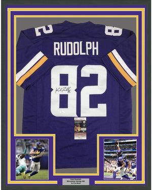 Framed Autographed/Signed Kyle Rudolph 35x39 Minnesota Purple Football Jersey JSA COA