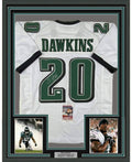 Framed Autographed/Signed Brian Dawkins 35x39 Philadelphia White Football Jersey JSA COA
