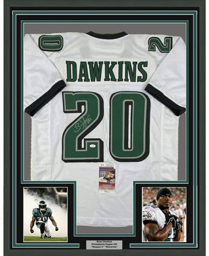 Framed Autographed/Signed Brian Dawkins 35x39 Philadelphia White Football Jersey JSA COA