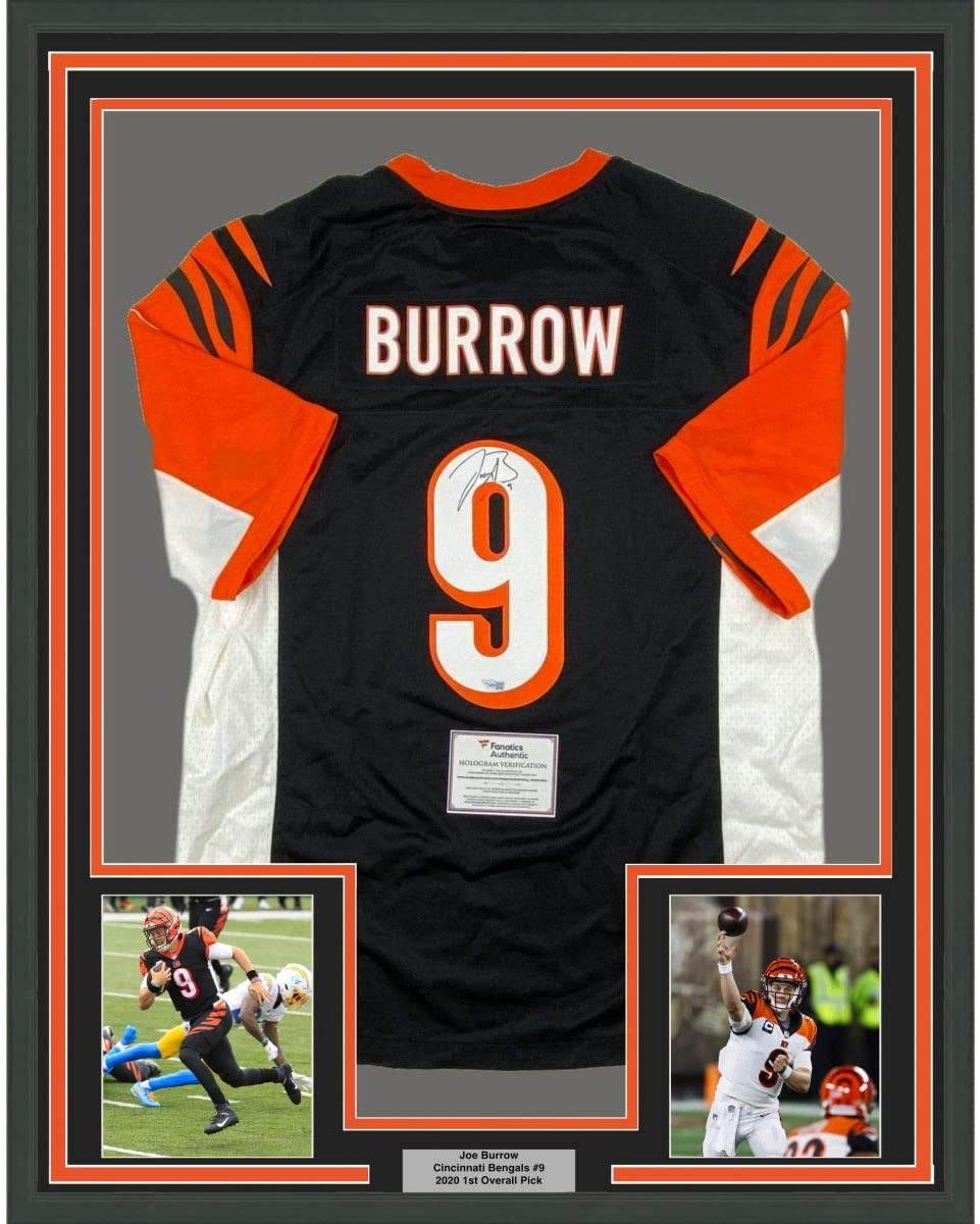 Framed Autographed/Signed Joe Burrow 35x39 Cincinnati Bengals Black Authentic Nike Game Football Jersey Fanatics COA
