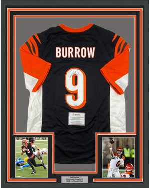 Framed Autographed/Signed Joe Burrow 35x39 Cincinnati Bengals Black Authentic Nike Game Football Jersey Fanatics COA