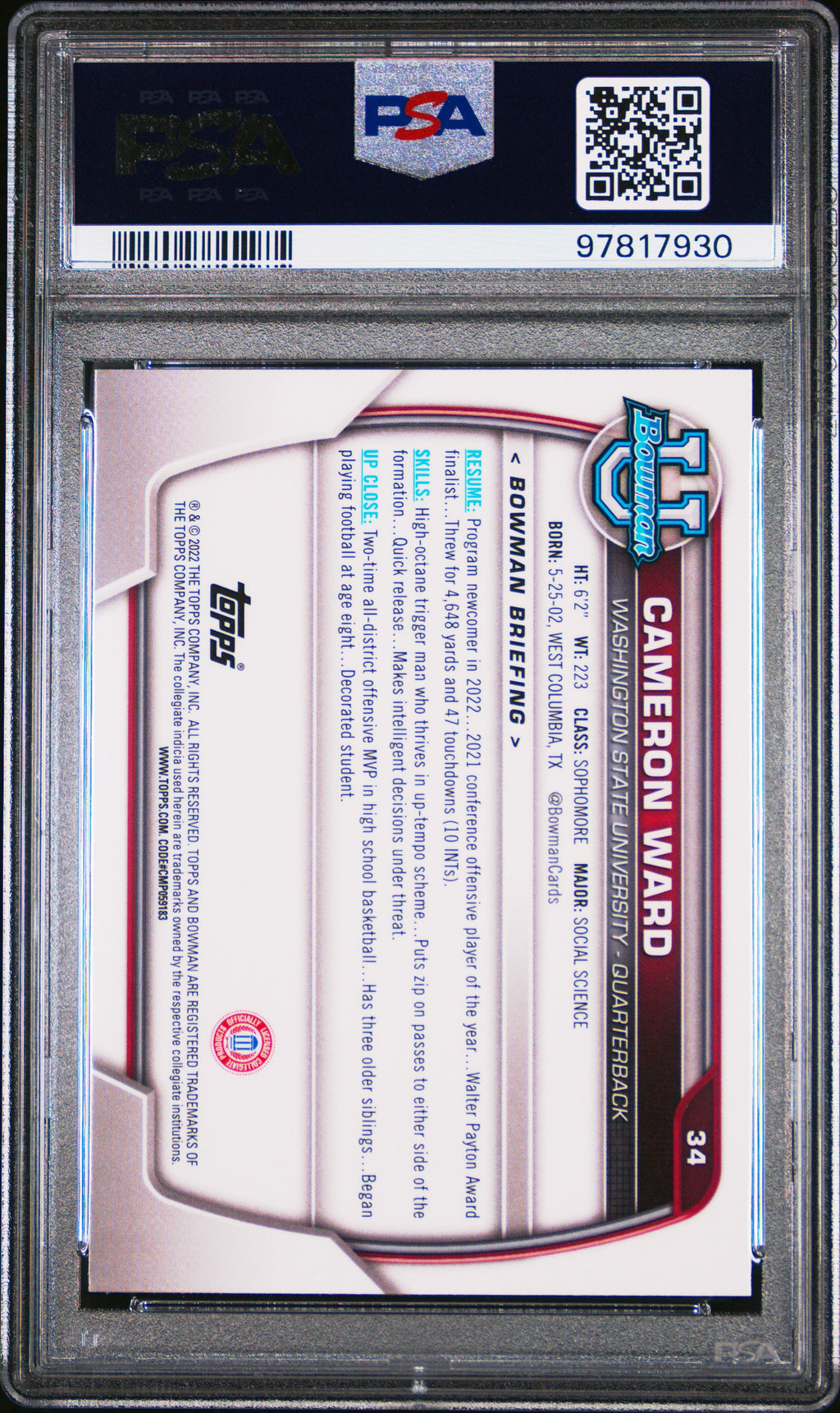 Graded 2022 Topps Bowman University Cam Ward #34 Chrome Prospects Purple Shimmer Refractor Rookie RC Football Card PSA 10 Gem Mint