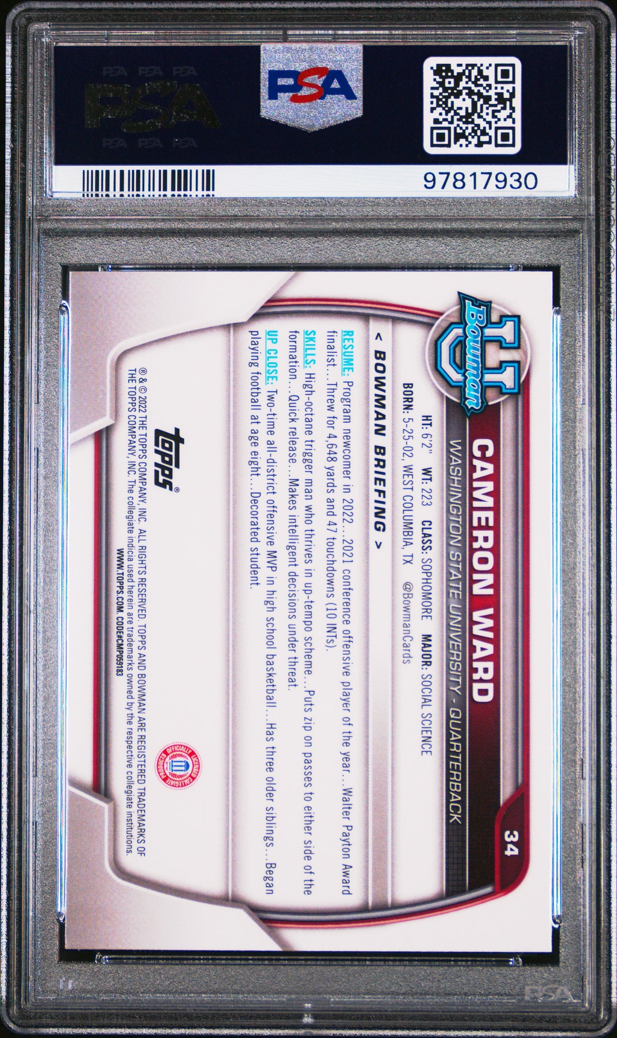 Graded 2022 Topps Bowman University Cam Ward #34 Chrome Prospects Purple Shimmer Refractor Rookie RC Football Card PSA 10 Gem Mint