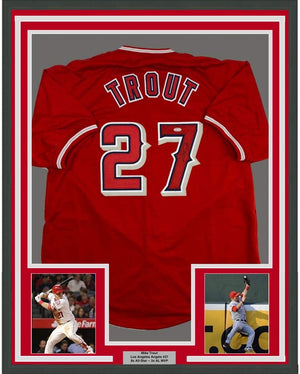 Framed Autographed/Signed Mike Trout 35x39 Los Angeles Red Baseball Jersey Steiner Sports COA Hologram Only