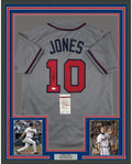 Framed Autographed/Signed Chipper Jones 35x39 Atlanta Grey Baseball Jersey JSA COA