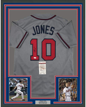 Framed Autographed/Signed Chipper Jones 35x39 Atlanta Grey Baseball Jersey JSA COA