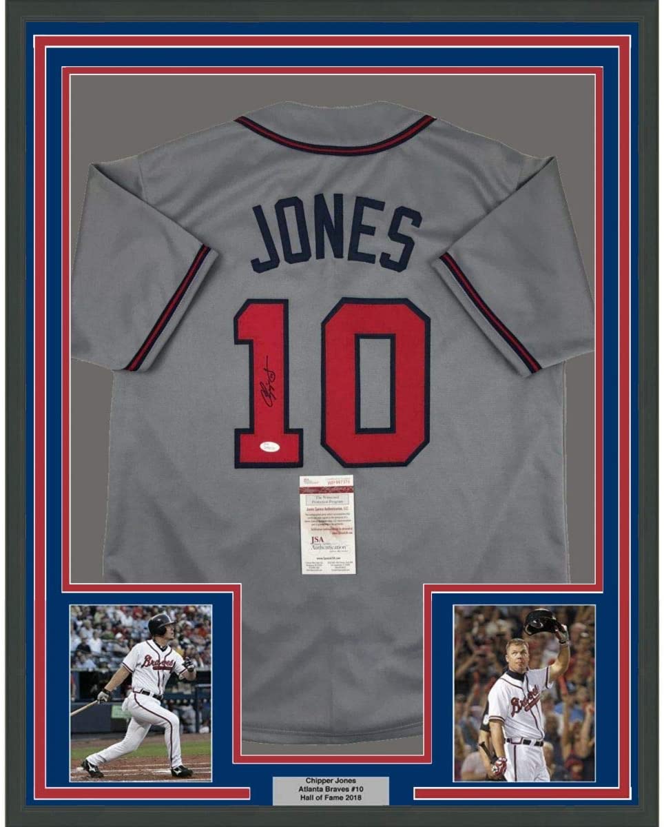 Framed Autographed/Signed Chipper Jones 35x39 Atlanta Grey Baseball Jersey JSA COA