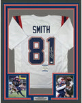 Framed Autographed/Signed Jonnu Smith 35x39 New England White Football Jersey Beckett BAS COA