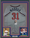 Framed Autographed/Signed Greg Maddux 35x39 Atlanta Grey Baseball Jersey JSA COA