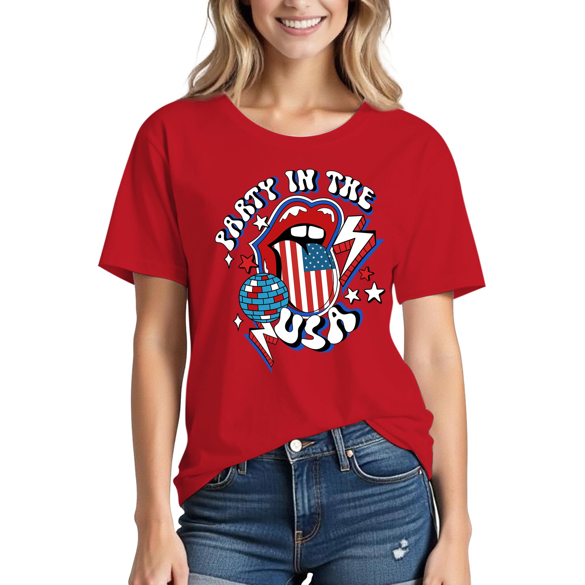 Solatria 4th of July Shirts Women USA Flag Cotton Crew Neck Red XL