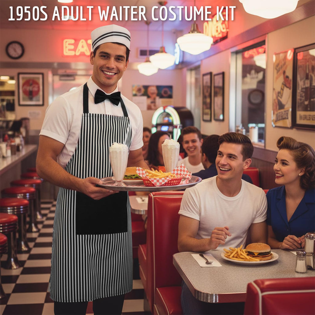 Generic 4pcs 1950s Hot Dog Vendor Halloween Costume Black Size Tall