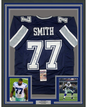 Framed Autographed/Signed Tyron Smith 35x39 Dallas Blue Football Jersey JSA COA