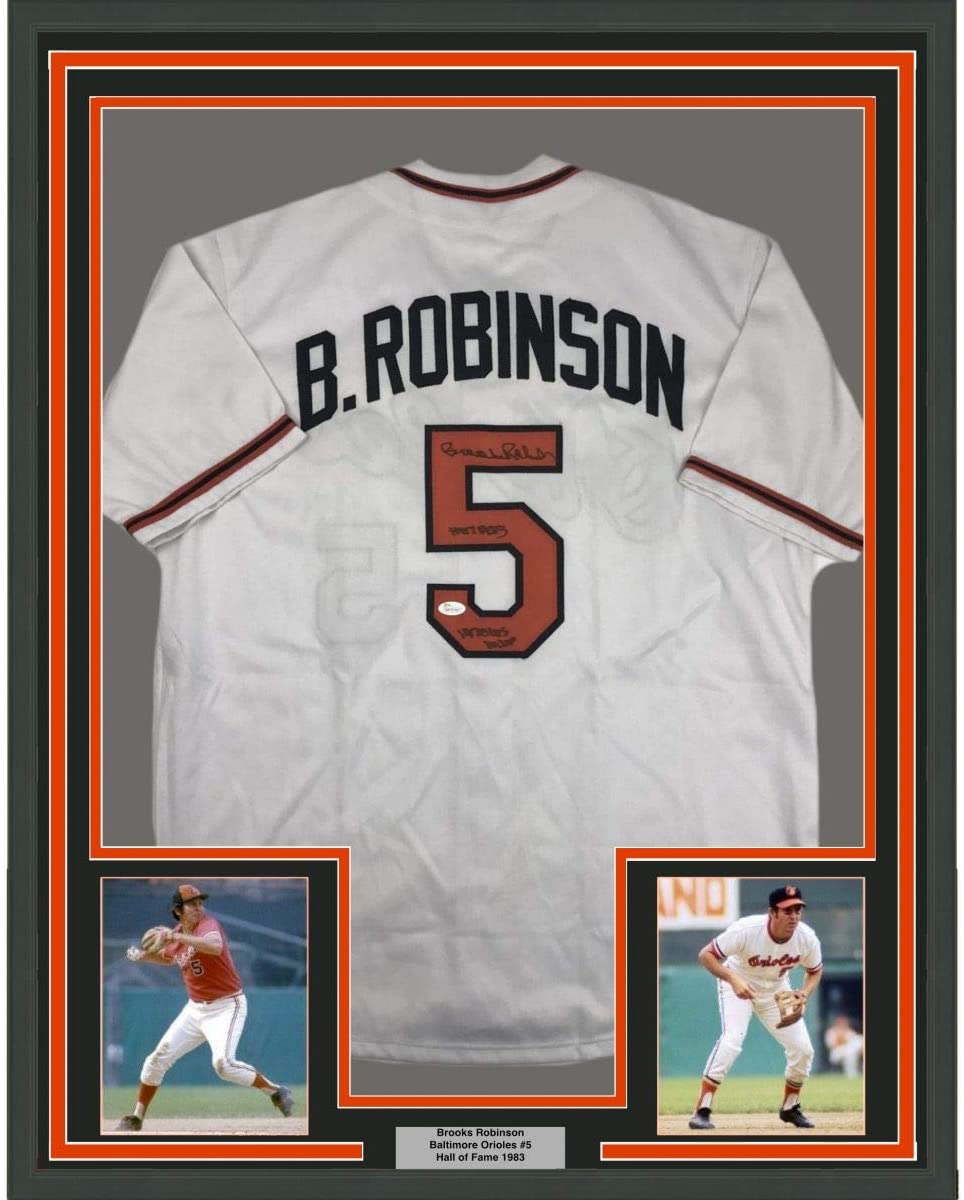 Framed Autographed/Signed Brooks Robinson 1970 WS MVP HOF 1983 35x39 Baltimore White Baseball Jersey JSA COA Holo