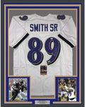 Framed Autographed/Signed Steve Smith Sr. 35x39 Baltimore White Football Jersey JSA COA