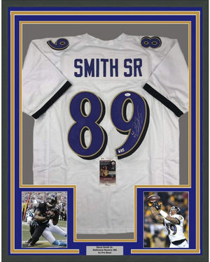 Framed Autographed/Signed Steve Smith Sr. 35x39 Baltimore White Football Jersey JSA COA