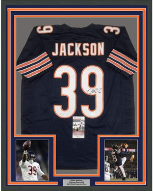 Framed Autographed/Signed Eddie Jackson 35x39 Chicago Blue Football Jersey JSA COA