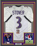 Framed Autographed/Signed Matt Stover 35x39 Baltimore White Football Jersey JSA COA