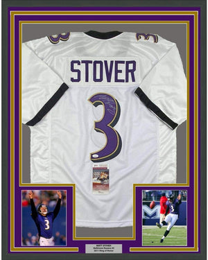 Framed Autographed/Signed Matt Stover 35x39 Baltimore White Football Jersey JSA COA