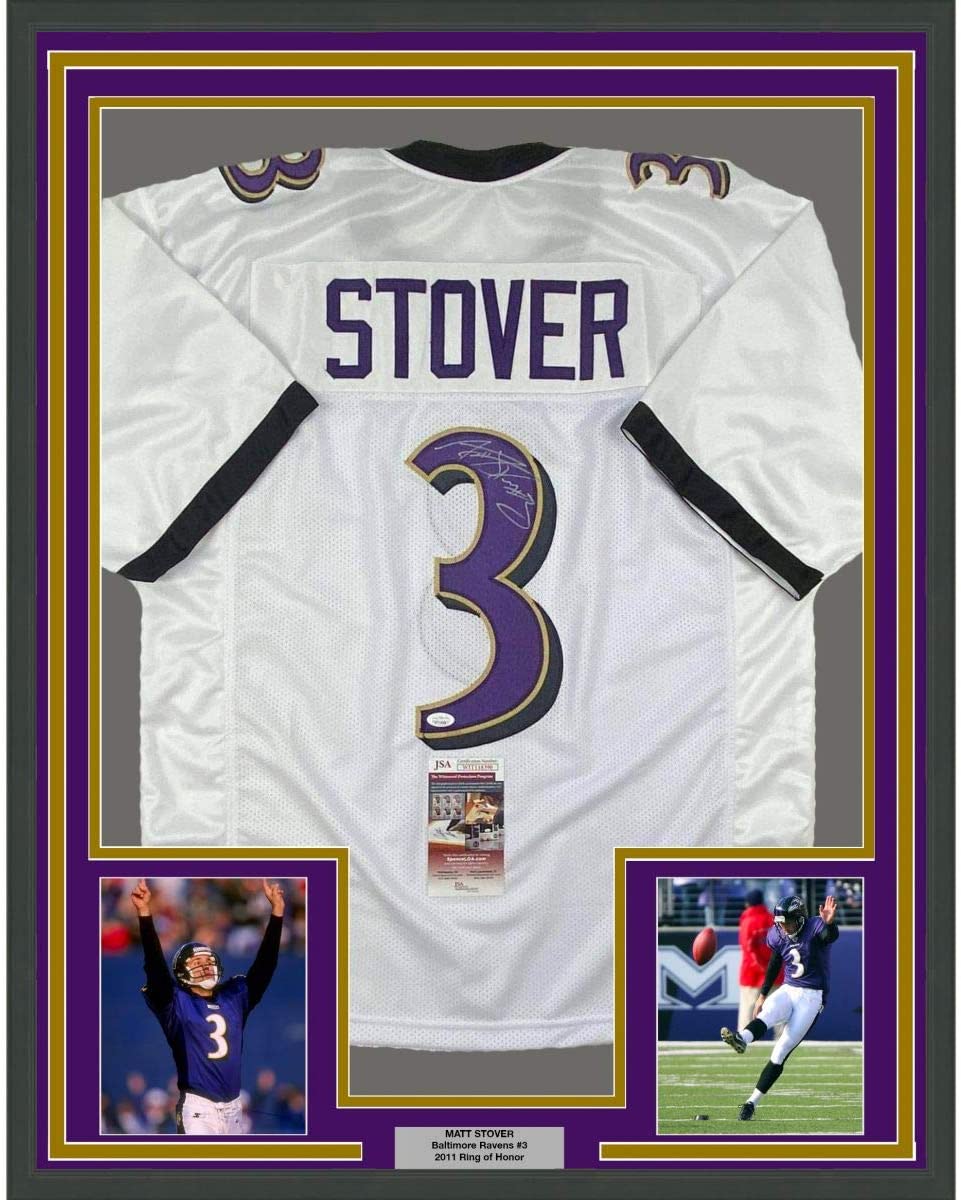 Framed Autographed/Signed Matt Stover 35x39 Baltimore White Football Jersey JSA COA