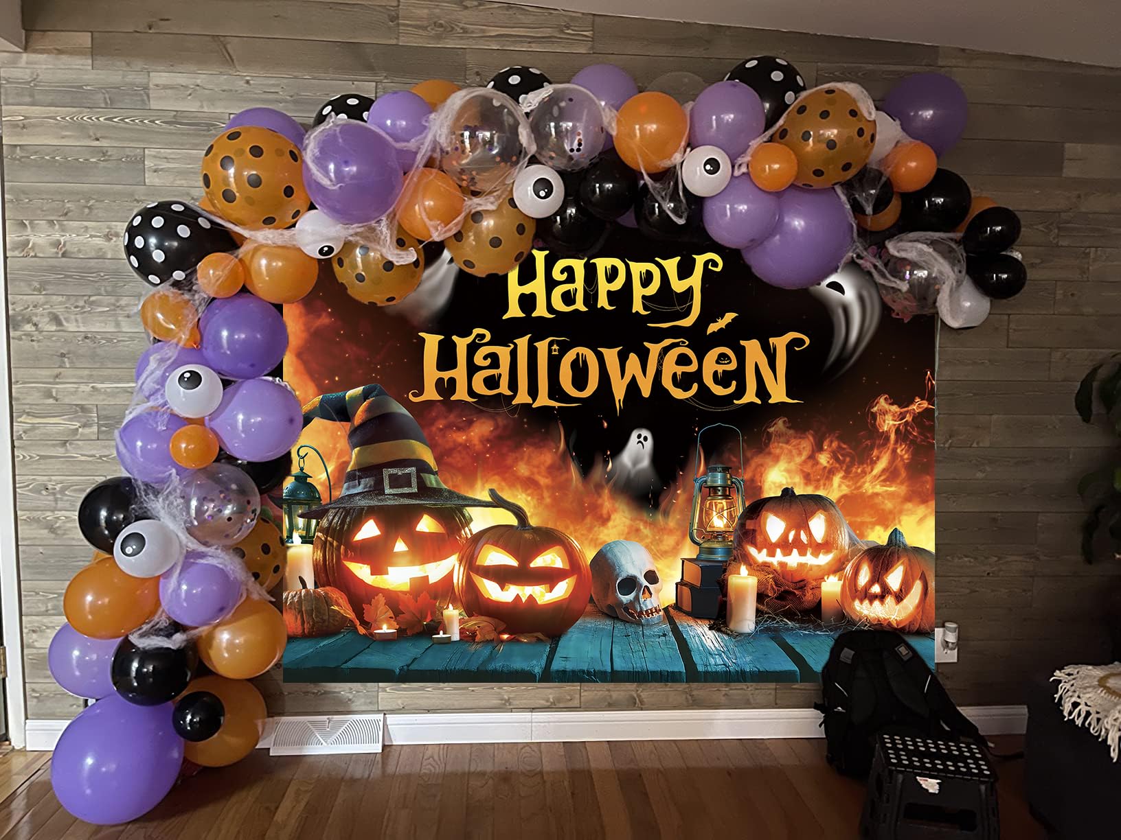 Happy Halloween Backdrop Ghost Pumpkin Flame Haunted House Party Banner 6x4FT
