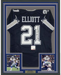 Framed Autographed/Signed Ezekiel Elliott 35x39 Dallas Dark Blue Football Jersey PSA/DNA COA