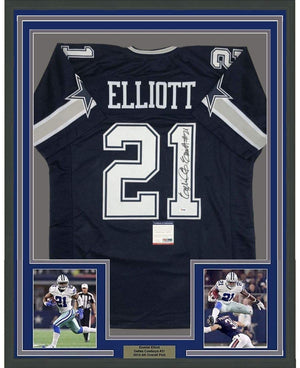 Framed Autographed/Signed Ezekiel Elliott 35x39 Dallas Dark Blue Football Jersey PSA/DNA COA