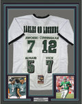 Framed Autographed/Signed Eagles QB Legends McNabb Cunningham Vick Jaworski 35x39 Philadelphia White Football Jersey JSA COA