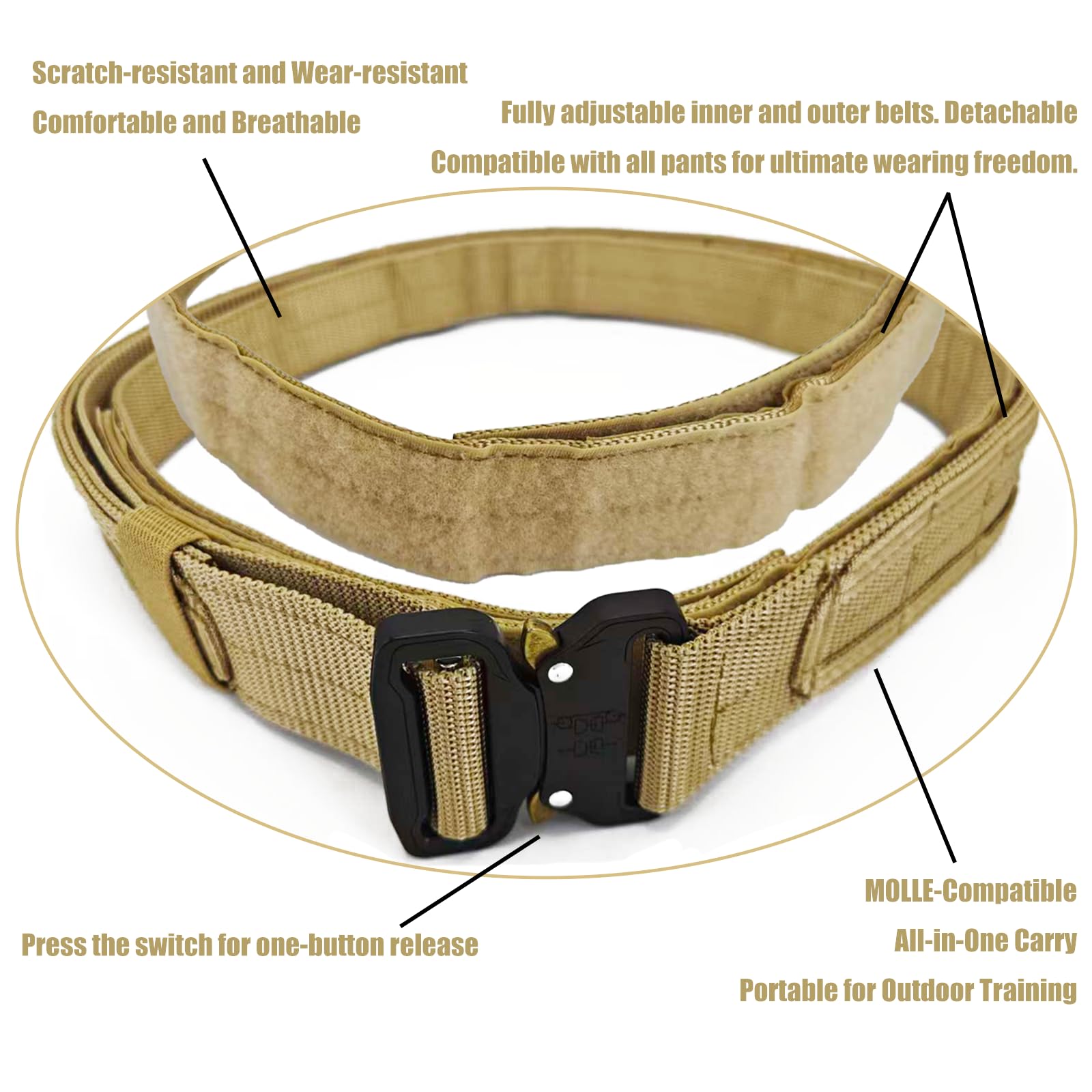 YouchingWld Belt V2 Adjustable Tactical Molle Belt Metal Buckle Khaki 36-46
