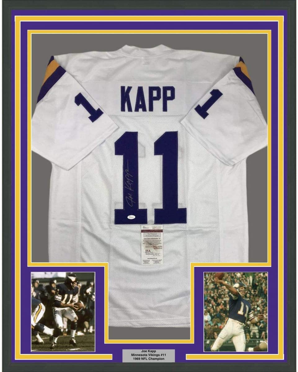 Framed Autographed/Signed Joe Kapp 35x39 Minnesota White Football Jersey JSA COA