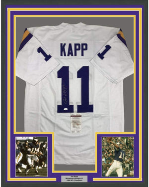 Framed Autographed/Signed Joe Kapp 35x39 Minnesota White Football Jersey JSA COA